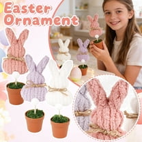 Knitted Bunny Shaped Decorative Ornament with Faux Moss Base and Terracotta Style Pot for Home Display Use
