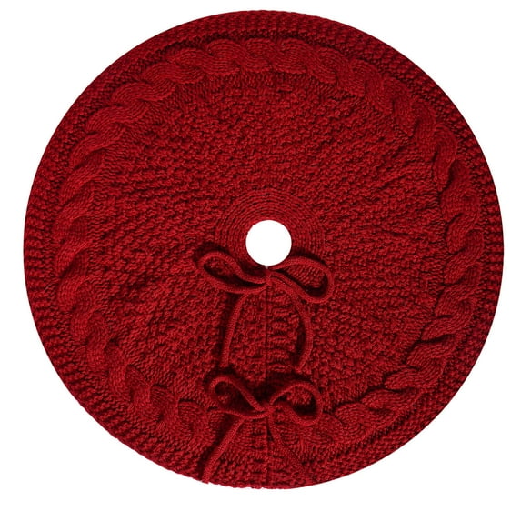 Knitted Cable Pattern Tree Skirt Christmas Decoration Round Mat with Bow Detailing for Holiday Display Use