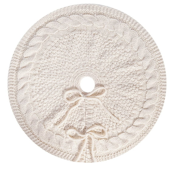 Knitted Cable Pattern Tree Skirt Christmas Decoration Round Mat with Bow Detailing for Holiday Display Use