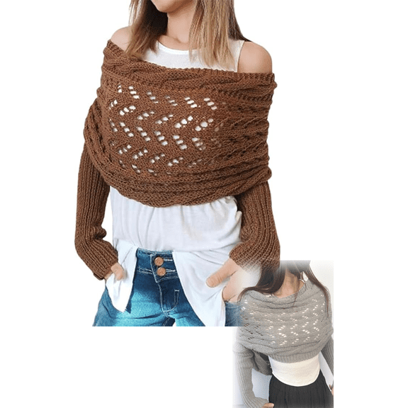 Knitted Cable Sweater Scarf with Sleeves - Double Sleeve Shrug Wrap for Women , Sweater Scarf with Sleeves for Women Knitted Cut-Out Shawl Poncho Wrap(Coffee)