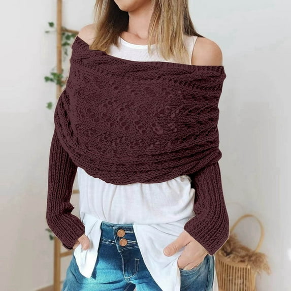 Knitted Cable Wrap Shawl with Sleeves, Multifunctional Scarf,Women's Fashion Casual Autumn Winter Outdoor Solid Color Wool Hollow Lengthening Double Sleeve Shawl Scarf Scarf With Sleeve Sweater Scarf