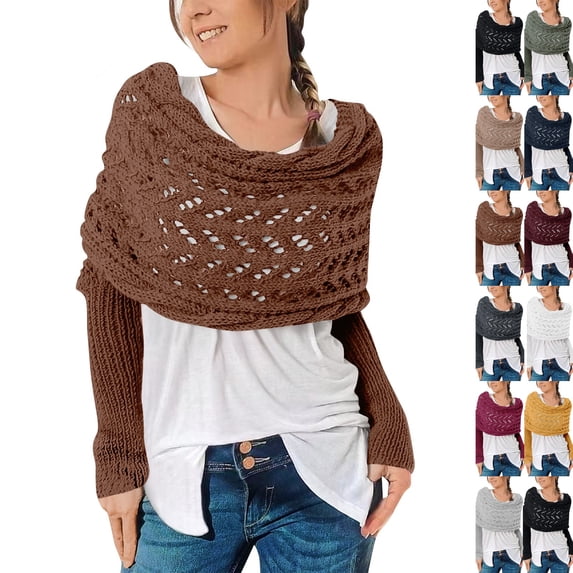 Knitted Cable Wrap Shawl with Sleeves, Multifunctional Scarf Coffee