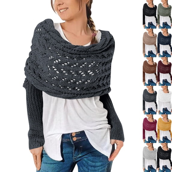 Knitted Cable Wrap Shawl with Sleeves, Multifunctional Scarf Dark Gray