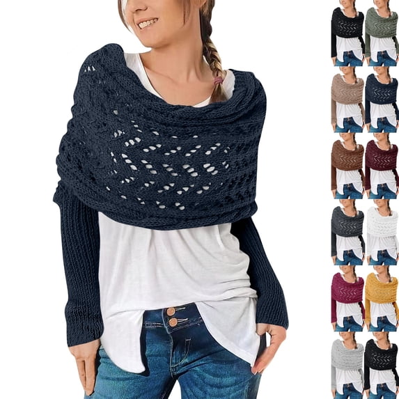 Knitted Cable Wrap Shawl with Sleeves, Multifunctional Scarf Navy