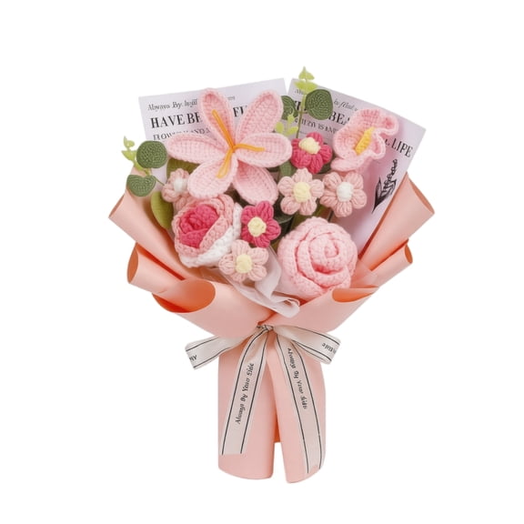 Knitted Calla Lily Bouquet Handmade Crochet Rose Arrangement, Eternal Yarn Art Floral Gift for Teachers Day Birthdays and Home Office Decoration Pink