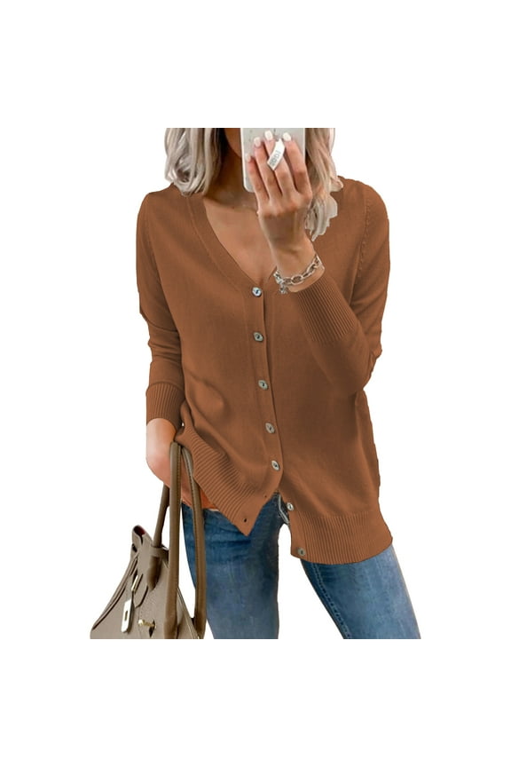 Knitted Cardigan Single Row Button V Neck Ribbed Cuffs Long Sleeves Loose Comfortable Pure Color Women Sweater Brown XXL