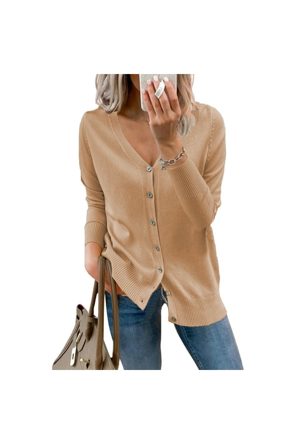 Knitted Cardigan Single Row Button V Neck Ribbed Cuffs Long Sleeves Loose Comfortable Pure Color Women Sweater Light Tan S