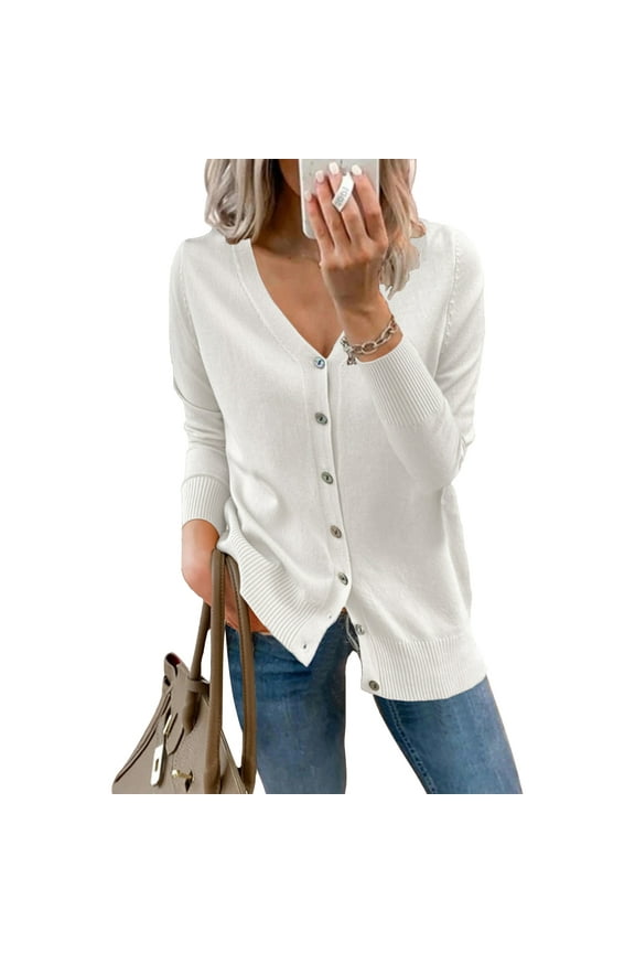 Knitted Cardigan Single Row Button V Neck Ribbed Cuffs Long Sleeves Loose Comfortable Pure Color Women Sweater White XXL