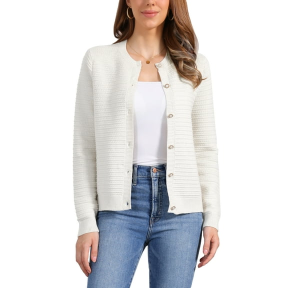 Knitted Cardigan for Women Button Down Crew Neck Long Sleeves Sweaters Outwear S Apricot