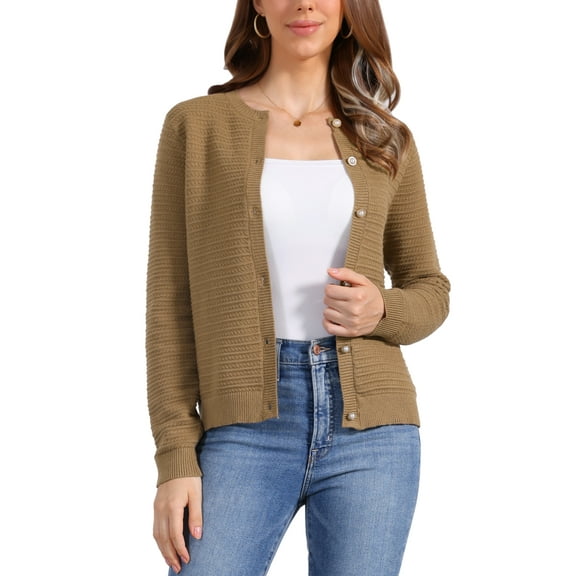 Knitted Cardigan for Women Button Down Crew Neck Long Sleeves Sweaters Outwear XL Brown