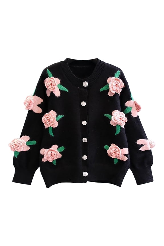 Knitted Cardigans for Women Floral Button Cardigan Cropped Lantern Long Sleeve Open Front Sweater Fall Knit Coat (Black Free Size)