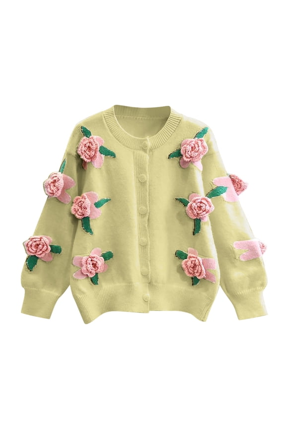 Knitted Cardigans for Women Floral Button Cardigan Cropped Lantern Long Sleeve Open Front Sweater Fall Knit Coat (Green Free Size)