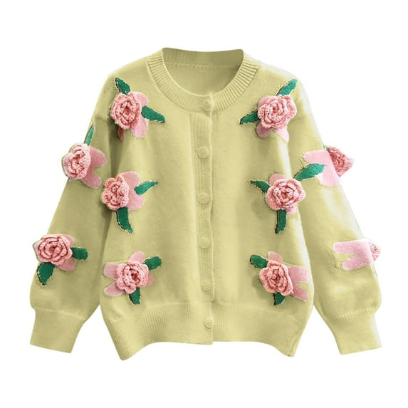 Knitted Cardigans for Women Floral Button Cardigan Cropped Lantern Long Sleeve Open Front Sweater Fall Knit Coat (Green Free Size)