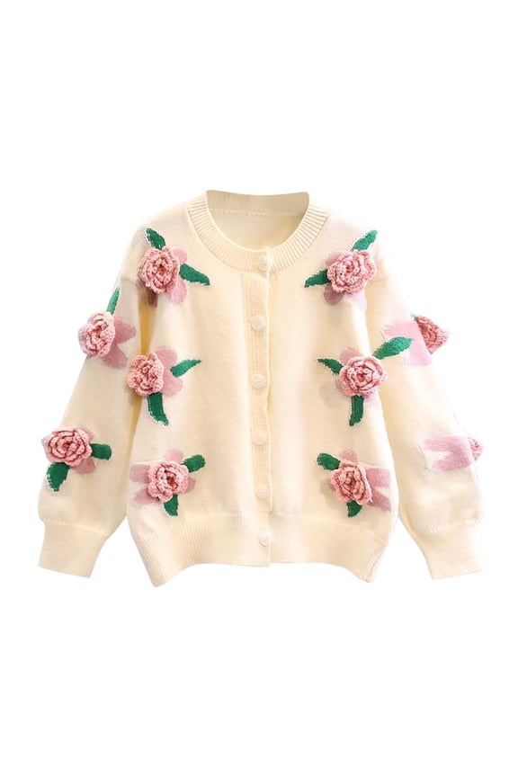 Knitted Cardigans for Women Floral Button Cardigan Cropped Lantern Long Sleeve Open Front Sweater Fall Knit Coat (White Free Size)