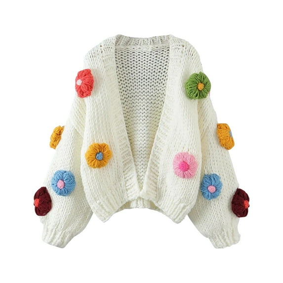 Knitted Cardigans for Women Oversized Floral Cardigan Cropped Lantern Long Sleeve Open Front Sweater Fall Knit Coat (White Free Size)