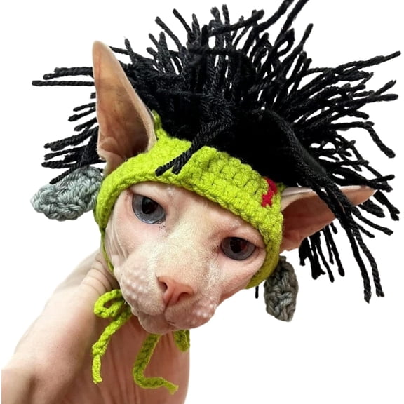 Knitted Cat Hat with Dreadlocks - Woolen Cap Cool Wigs Cat Cosplay Headwear - Puppy Halloween Costume Party Accessories, Green - M (6.6 lbs - 15.4 lbs)