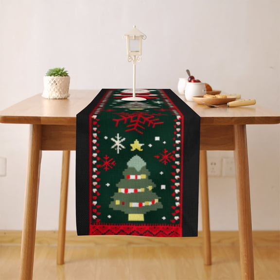 Knitted Christmas (7) Table Runner, Seasonal Fall Winter Kitchen Dining Table Decoration for Home Party Decor 13x36 Inch