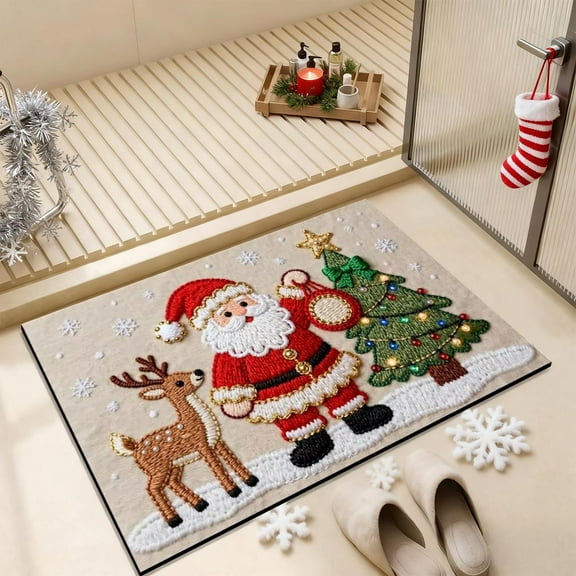 Knitted Christmas Bathroom Rug 16x24 Inch, Crystal Velvet Absorbent Mat Non-Slip, Festive Toilet Door Entry Floor Mat for Holiday Home Decor, Soft Foot Mat