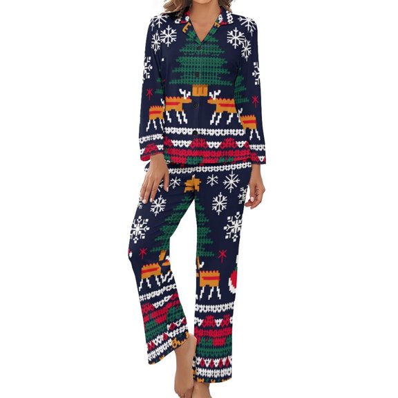 Knitted Christmas Deer Snow Women's Long Sleeve Flannel Pajama Set Sleepwear XL