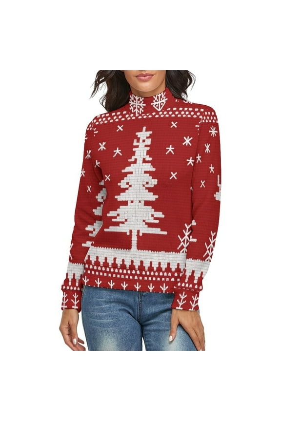 Knitted Christmas Deer Snow Women's Turtleneck Sweater Long Sleeve Ribbed Fitted Turtle Neck Casual Fall Winter Collection Top L