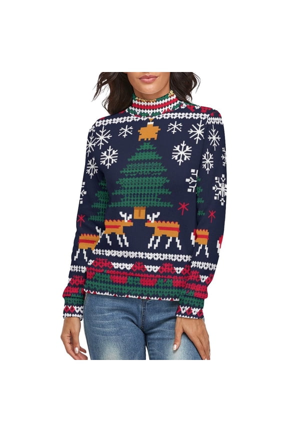 Knitted Christmas Deer Snow Women's Turtleneck Sweater Long Sleeve Ribbed Fitted Turtle Neck Casual Fall Winter Collection Top M