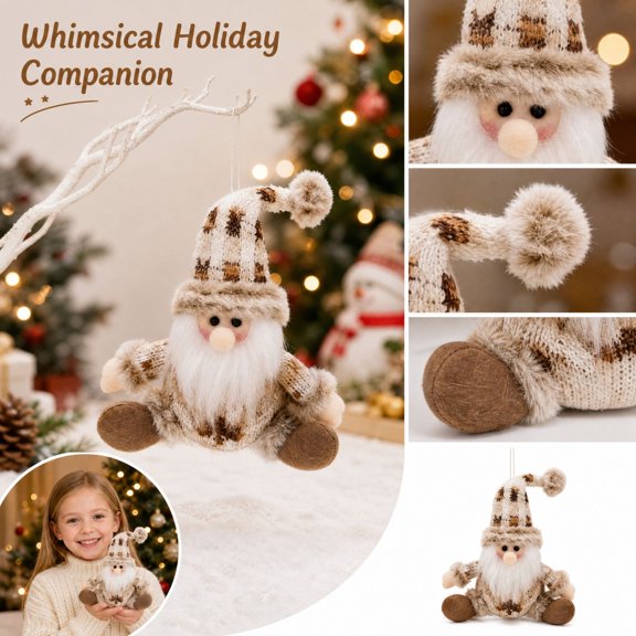 Knitted Christmas Ornament with Faux Beard and Reindeer Hat, Beige and Brown, for Tree and Mantel, Hanging Decoration