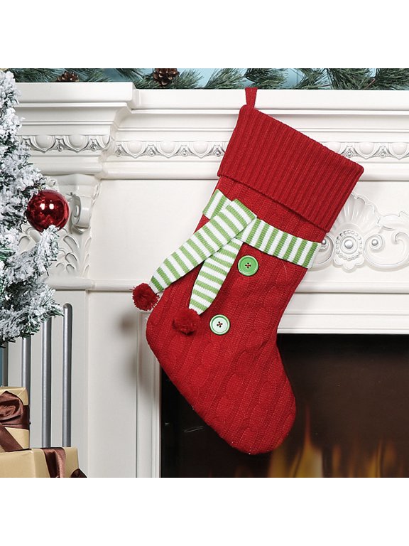 Knitted Christmas Stocking with Scarf Red Green White Hanging Stockings Classic Xmas Hanging Decorations for Christmas Party Home Fireplace Decor Family Friend Gift