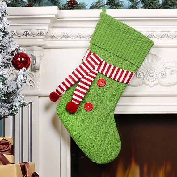Knitted Christmas Stocking with Scarf Red Green White Hanging Stockings Classic Xmas Hanging Decorations for Christmas Party Home Fireplace Decor Family Friend Gift