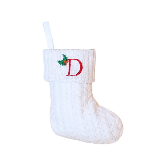 Knitted Christmas Stockings with Initials, 6.3''x7.8'' White Custom Embroidery Christmas Stockings with Letter, Personalized Xmas Decoration for Holiday Family Party - D