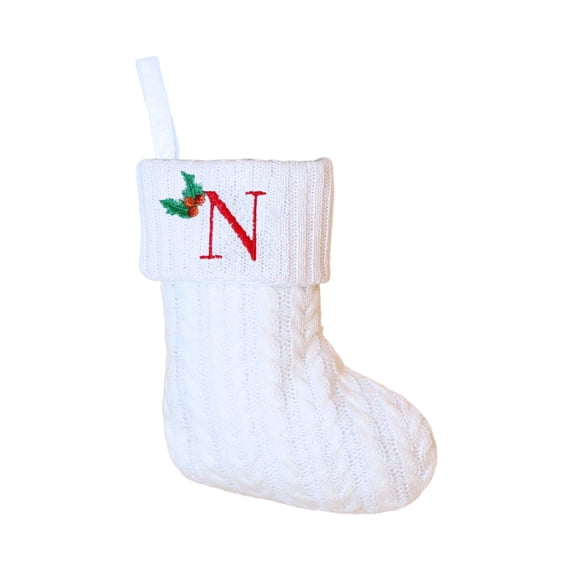 Knitted Christmas Stockings with Initials, 6.3''x7.8'' White Custom Embroidery Christmas Stockings with Letter, Personalized Xmas Decoration for Holiday Family Party - N