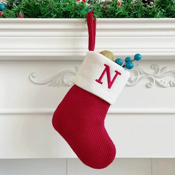 Knitted Christmas Stockings with Embroidered Letters - 7" Wool Blend Holiday Gift Bags for Fireplace & Tree (Kids Candy Holder, Personalized)