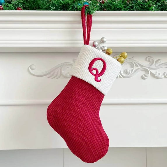 Knitted Christmas Stockings with Embroidered Letters - 7" Wool Blend Holiday Gift Bags for Fireplace & Tree (Kids Candy Holder, Personalized)