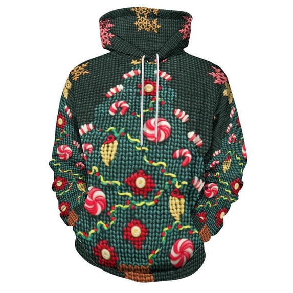 Knitted Christmas Tree Regular Fit Hoodie, Sporty Pullover Hooded Sweatshirt for Men Women S