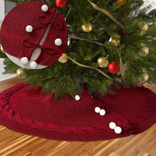 Knitted Christmas Tree Skirt 48 inches - Red Cable Knit Christmas Tree Skirt - Thick Rustic Farmhouse Christmas Tree Skirt Decorations - Xmas Holiday Home Party Decor