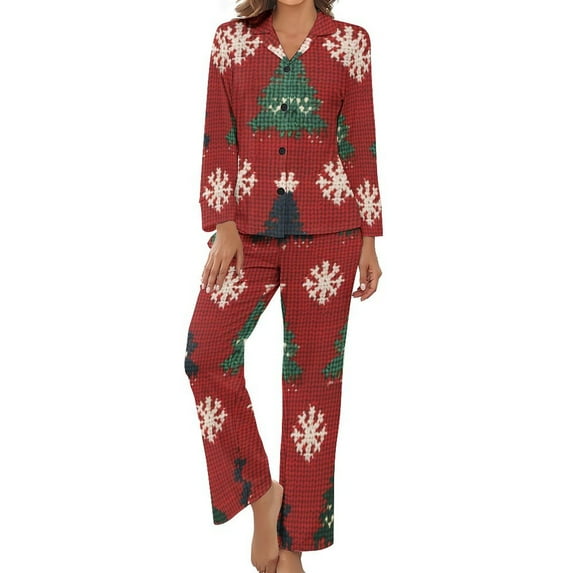 Knitted Christmas Tree Women's Long Sleeve Flannel Pajama Set Sleepwear S