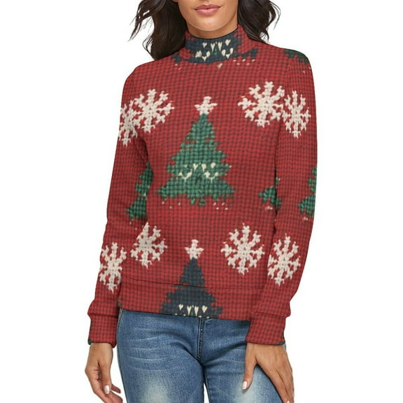 Knitted Christmas Tree Women's Turtleneck Sweater Long Sleeve Ribbed Fitted Turtle Neck Casual Fall Winter Collection Top 2XL