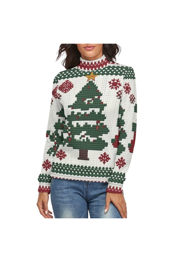 Knitted Christmas Tree Women's Turtleneck Sweater Long Sleeve Ribbed Fitted Turtle Neck Casual Fall Winter Collection Top 2XL