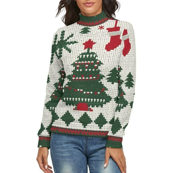 Knitted Christmas Tree Women's Turtleneck Sweater Long Sleeve Ribbed Fitted Turtle Neck Casual Fall Winter Collection Top M