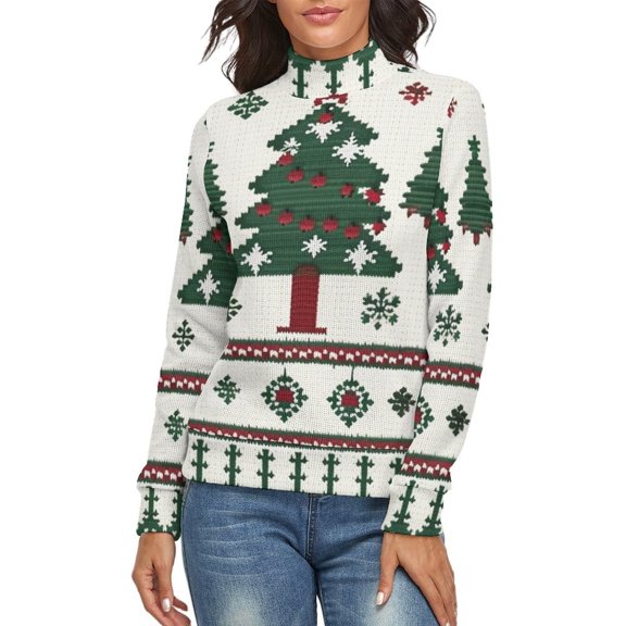 Knitted Christmas Tree Women's Turtleneck Sweater Long Sleeve Ribbed Fitted Turtle Neck Casual Fall Winter Collection Top M