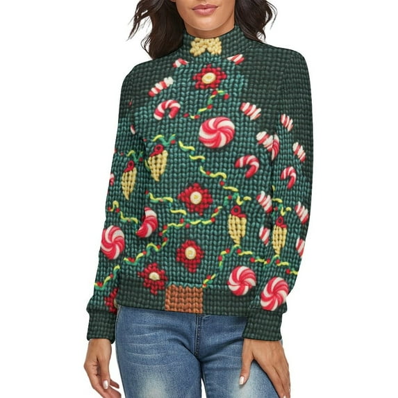 Knitted Christmas Tree Women's Turtleneck Sweater Long Sleeve Ribbed Fitted Turtle Neck Casual Fall Winter Collection Top S
