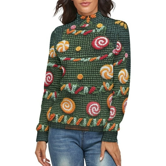 Knitted Christmas Tree Women's Turtleneck Sweater Long Sleeve Ribbed Fitted Turtle Neck Casual Fall Winter Collection Top XL