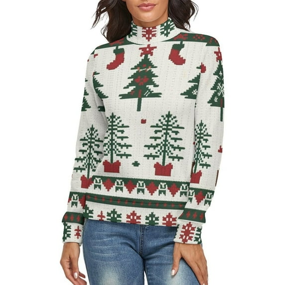 Knitted Christmas Tree Women's Turtleneck Sweater Long Sleeve Ribbed Fitted Turtle Neck Casual Fall Winter Collection Top XL
