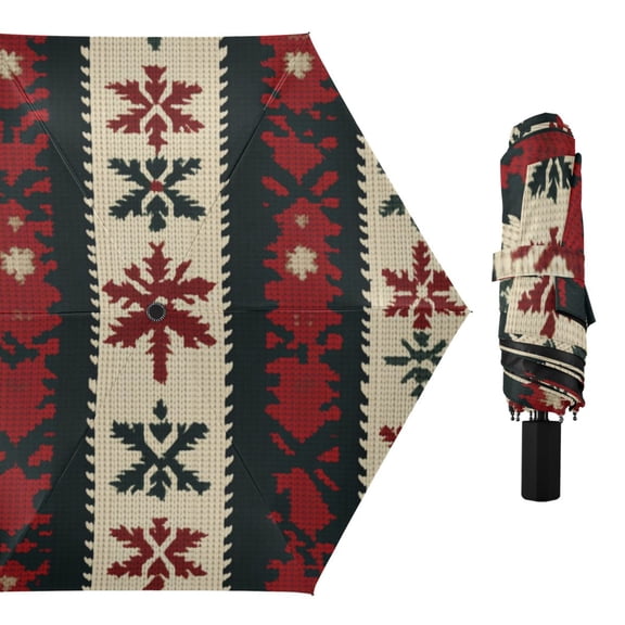 Knitted Christmas Trees Vertical Stripes All Weather Umbrella Triple Folding Parasol 6 Ribs UV Protection Portable