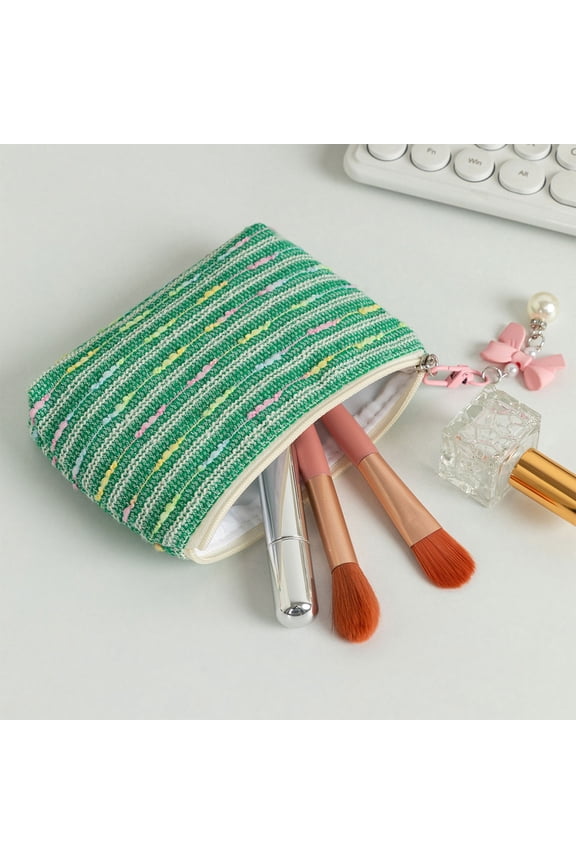 Knitted Cosmetic Bag - Striped Color-block Pattern, Leak-proof Zipper, Multi-scenario Portable Pouch for Travel and Commuting, topliu