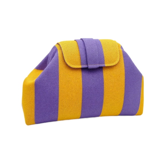 Knitted Cosmetic Organizer Pouch with Large Capacity and Flap Closure, Purple and Yellow Striped, for Women, Travel Bag Organizer
