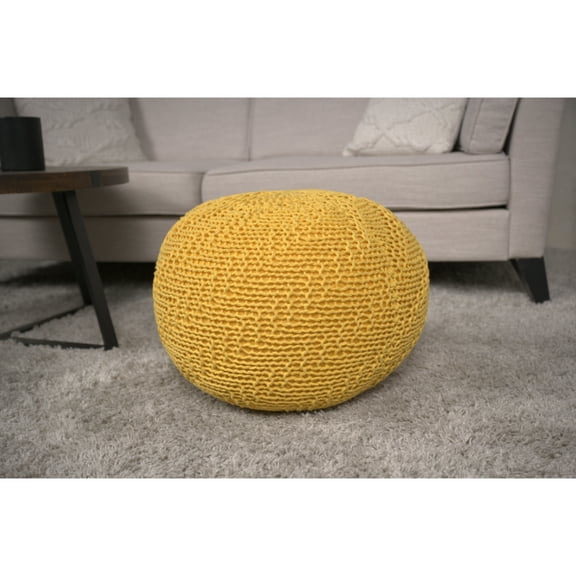 Knitted Cotton Round Pouf In Yellow - & Floor Ease Item, 200lbs Weight Capacity Endurance, Decorative Accessory Attribute, Spot Clean Suggested, Beads Filled, 20" Depth, Width, 14" Height Relief