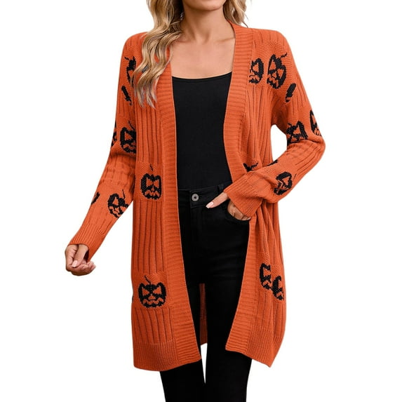 Knitted Cotton Women's CardiganNew European-Style Female Halloween Pumpkin Head Jacquard Knitted Cardigan Sweater Orange M