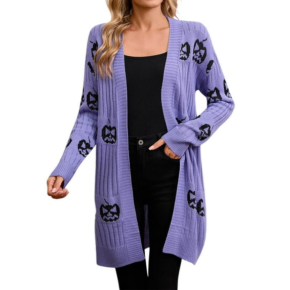 Knitted Cotton Women's CardiganNew European-Style Female Halloween Pumpkin Head Jacquard Knitted Cardigan Sweater Purple L