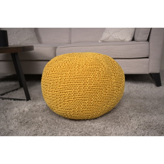 Knitted Cotton Yellow Floor Cushion Pouf - & Comfort Option, 200lbs Weight Capacity Holding, Decorative Accent Element, Spot Clean Needed, Beads Filled, 20 In Depth, Width, 14 Height Relaxation,
