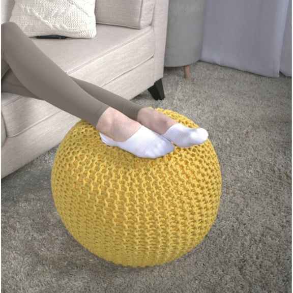 Knitted Cotton Yellow Round Pouf - & Floor Ravishing, 200 Lbs Weight Capacity, Decorative Feature, Spot Clean, Filled With Beads, 19.63 X 11.79 In Assurance, Beautifying Stuff,